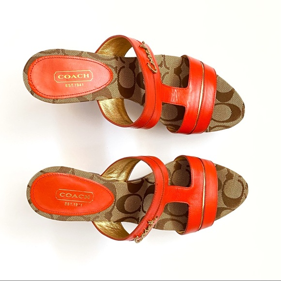 Coach Jonah open toe orange leather straps brown wood platform chunky cone heels - Picture 3 of 12